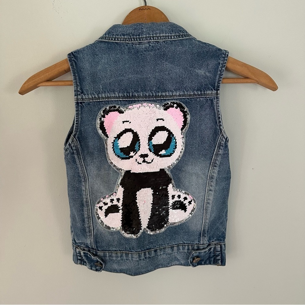 Sequin Panda Denim Vest Girls Size Small